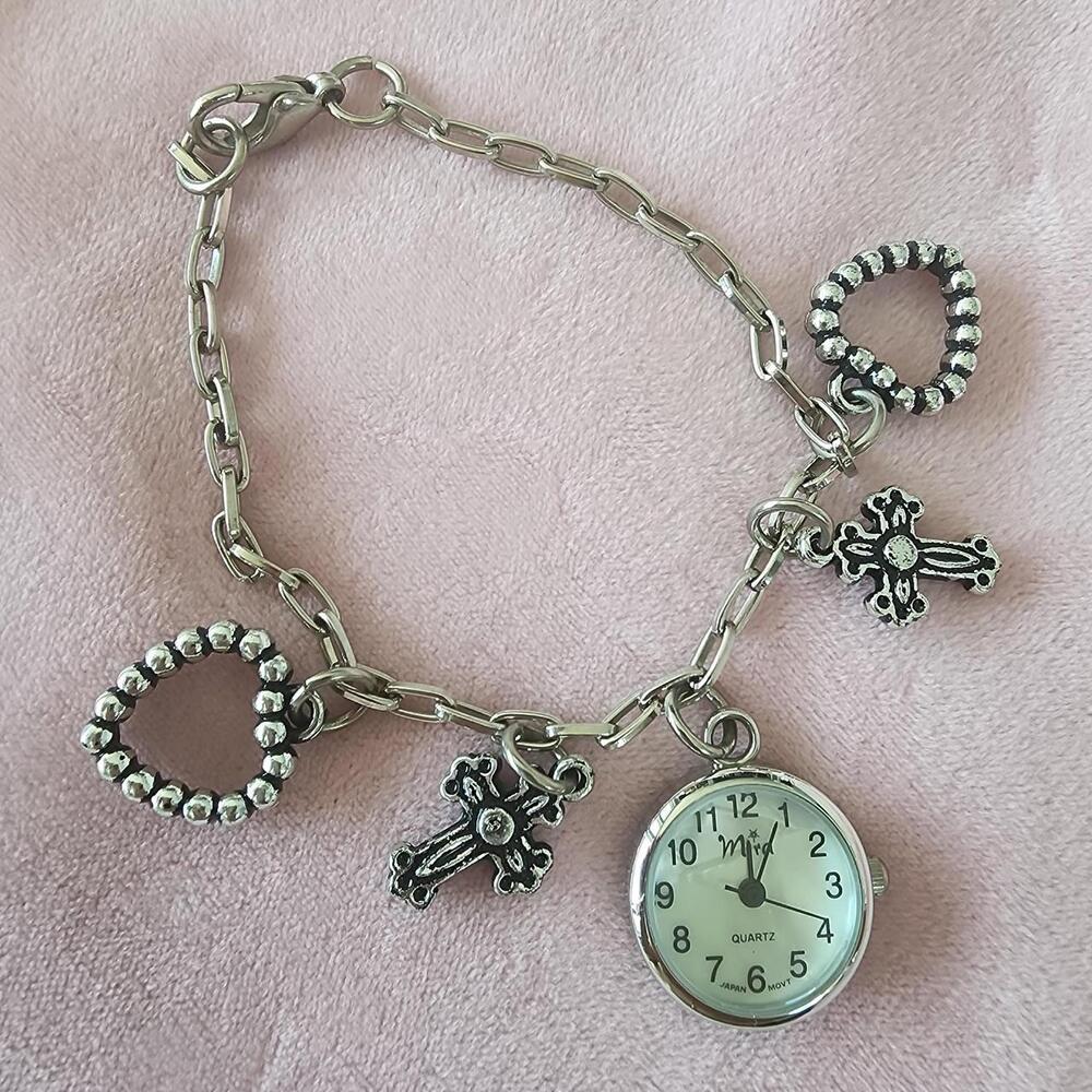 Y2K Charm Watch Bracelet | Goth Cross Charms | Japan Movement | Silver Tone